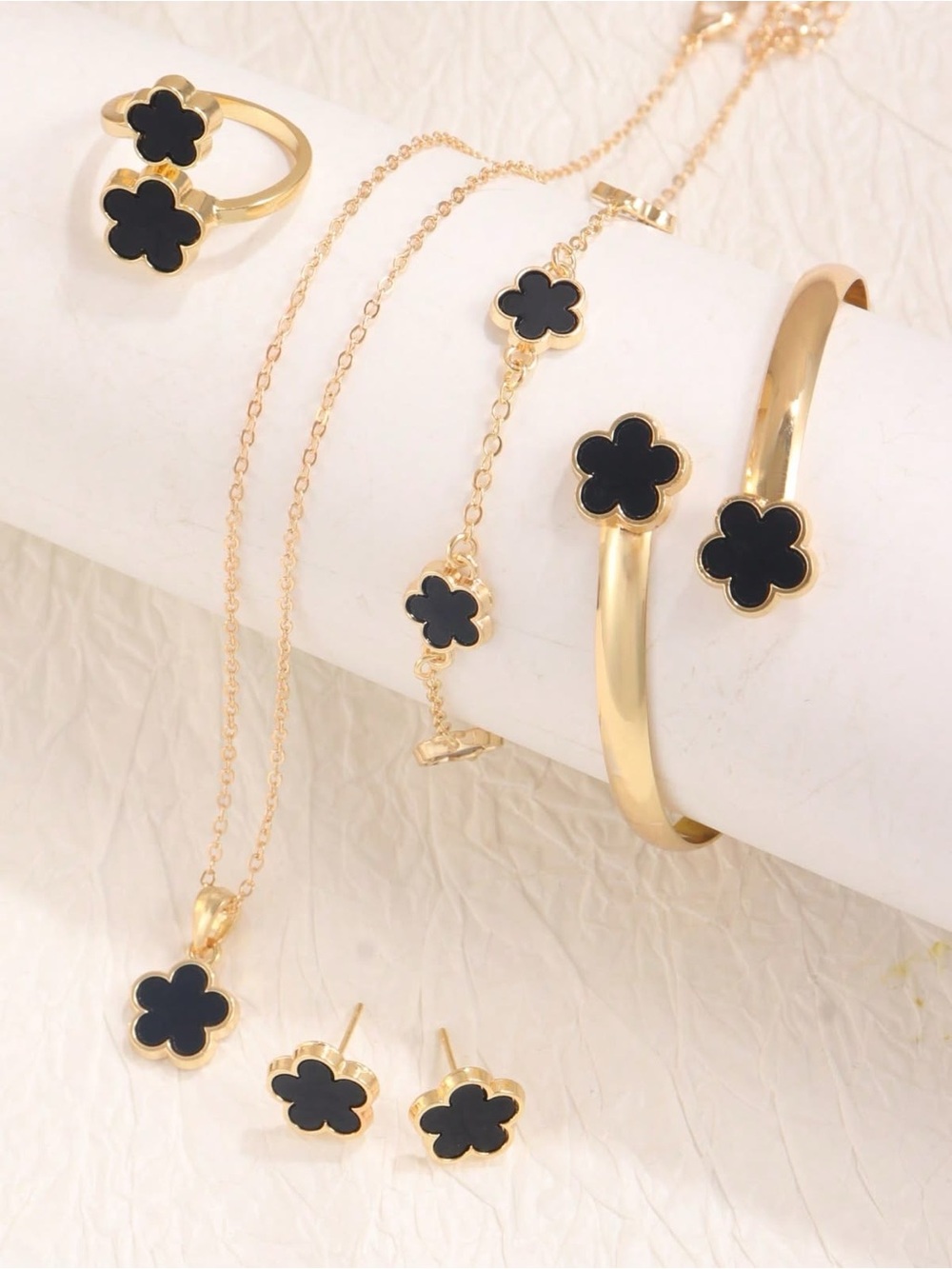 Gold & Black Clover Flower Jewelry Set - Women's Necklace Bracelet Earrings Ring